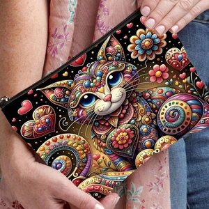 Trousse à maquillage en toile imprimé chat artistique avec grande fermeture éclair
