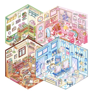 3D isometric PET room stickers set featuring colorful miniature bedroom and shop scenes