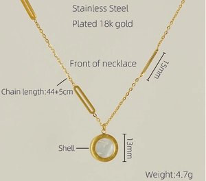 Détail du collier en coquillage acier inoxydable plaqué or 18k avec dimensions et poids