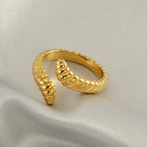 Bague Croissant Nervurée Spirale Plaqué Or 18K Acier Inoxydable Ouverte Réglable Texturée Bijoux Rétro Minimaliste