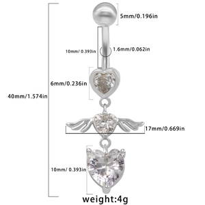 Silver heart wing belly ring with white zircon inlays and detailed size dimensions
