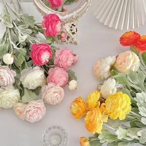 Artificial 3-head ranunculus silk flowers in diverse colors for home living room decor