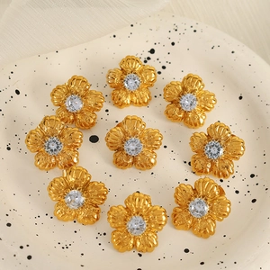 Vintage Stainless Steel Camellia Flower Stud Earrings For Women Artificial Pearl White Zirconia Inlaid Elegant Jewelry