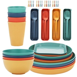 Eco-friendly wheat straw dinnerware set with bowls, plates, and cups for camping