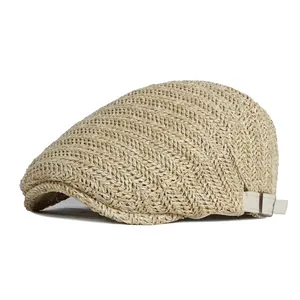 Breathable beige woven ivy cap with adjustable leather strap detail in 45-degree view