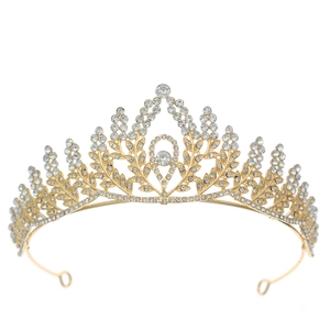 Elegant gold leaf bridal tiara with sparkling rhinestones and wheat ear pattern for weddings