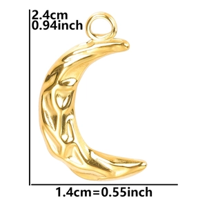 Macro detail of gold crescent moon pendant with hammered texture and dimensions