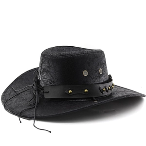 Black PU leather cowboy hat with vintage rivets and punk bull head metal belt on white