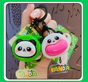 Detail of Panda stress relief keychain with retractable bamboo and Panda acrylic charm