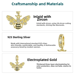 Macro detail of 925 sterling silver bee charm with 3A zircon and gold plating