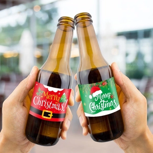 Toasting hands with Christmas water bottle stickers featuring Santa and Merry Christmas text
