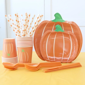 Pumpkin Shaped Disposable Tableware Party Supplies Paper Plates Cups Napkins Straws Plastic Cutlery For Halloween Autumn