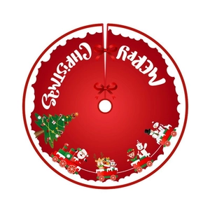 Gonna per albero di Natale rossa con trenino festivo e bordo smerlato bianco