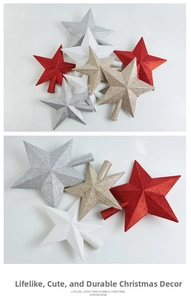 Close-up of glitter-coated Christmas tree star toppers in red, silver, gold, and white