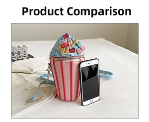 Creative ice cream shaped crossbody bag shown next to a smartphone for size reference