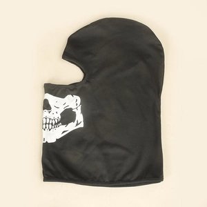Detail of black skull face mask showing high-elasticity fabric and bone print