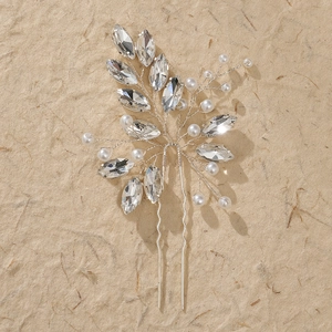Elegante Forcina per Capelli da Sposa a Forma di U in Lega con Foglia Strass e Perla Artificial Accessorio per Capelli Fatto a Mano Donna