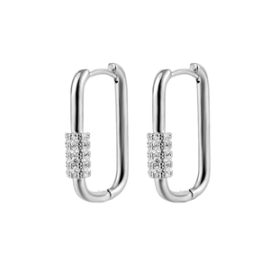 Minimalist silver U-shaped geometric hoop earrings with sparkling micro-pave zircon inlay
