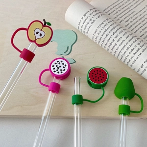 Set of 4 glass straws with fruit silicone covers including watermelon and dragon fruit