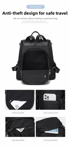Detailed view of black nylon anti-theft backpack with multiple storage compartments