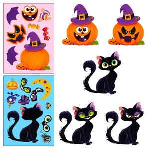 Detail view of DIY Halloween stickers featuring cute ghosts, pumpkins and black cats