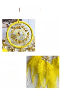 Detailed shot of handmade yellow crystal stones and premium feathers on a car dream catcher