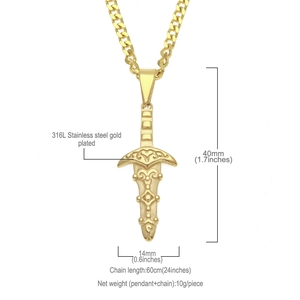 Détails pour pendentif épée en acier doré 316L avec dimensions et infos sur la taille