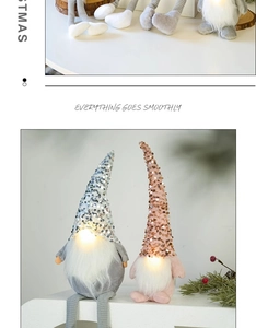 Detail of sequined Christmas gnomes with warm LED glowing noses for festive decor