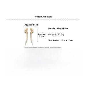 Detailed size and weight specs for gold flower tassel earrings with zircon and silver pins