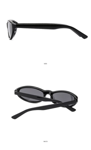 Detailed side and back view of retro black oval cat-eye sunglasses with glossy finish