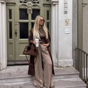 Women Wide Leg Pants Satin Texture High Waist With Belt Elegant Straight Trousers Casual Office Commute Solid Color
