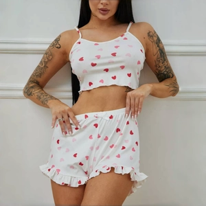 Damen Schlafanzug Rippstrick Camisole Oberteil Und Rüschenshorts Süßes Herz Blumenmuster Nachtwäsche