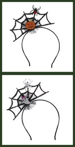 Detail of Halloween headbands featuring glittery pumpkin and silver ghost with spider web motifs