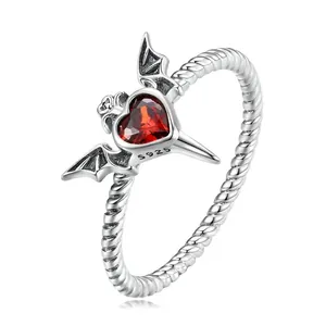 Gothic Bat Wings 925 Sterling Silver Ring Heart Red Zircon Twisted Rope Band Oxidized Jewelry For Women Men