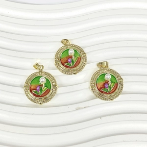 Vintage Monet oil painting style enamel tulip pendants with faux pearls and gold frames