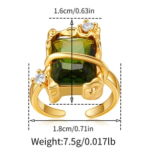 Detailed view of luxury zircon bow ring dimensions with measurements and gold lava texture