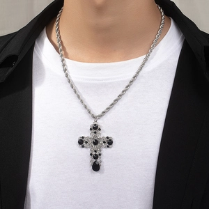 Collier Croix Alliage Pierre Gemme Noire Chaîne Torsadée Punk Hip Hop Gothique Bijou Pour Hommes Femmes