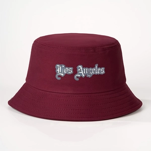 Stylish wine red Los Angeles bucket hat with gothic print for sun protection and streetwear
