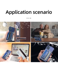 Blue leather phone card holder and kickstand showing various daily application scenarios