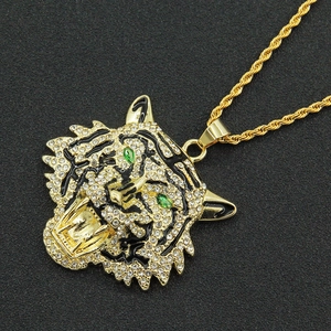 Men's gold-plated tiger head necklace featuring sparkling rhinestones and green gemstone eyes