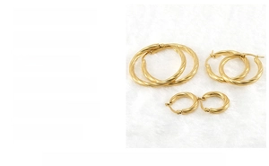 Detailed view of 18K gold plated stainless steel textured hoop earrings set in three sizes