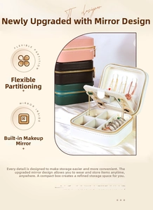 Close-up of portable PU leather jewelry box featuring a built-in mirror and compartments