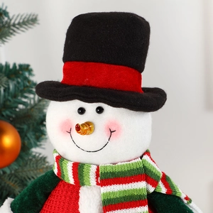 Classic Christmas snowman plush with telescopic legs, festive scarf, and black velvet hat