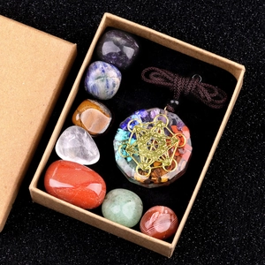 7 Chakra natural crystal stones set with Merkaba resin pendant in a kraft paper gift box