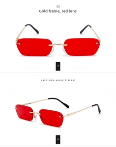 Detail of rimless rectangle sunglasses with gold metal frame and red transparent lenses