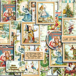 Detailed view of retro Alice in Wonderland Christmas stickers for DIY scrapbooking decor