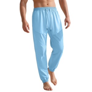 Men's light blue breathable linen drawstring joggers with elastic cuffs and athletic fit