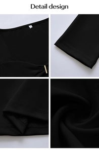 Detailed views of black Y2K V-neck knit T-shirt with gold buckle and fabric texture