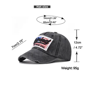 Size guide for washed cotton baseball cap showing 54-60cm circumference and 7cm brim length