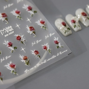Matte ink rose nail stickers with red flowers and artistic typography patterns